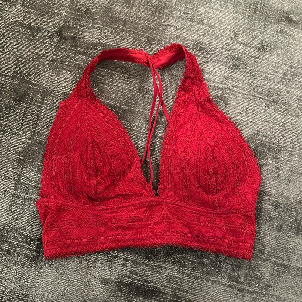 Red lace open back halter bra top